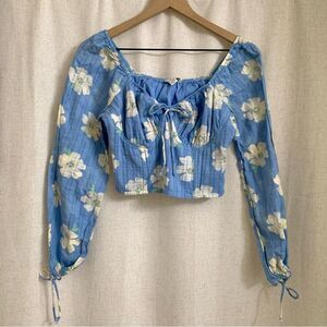 American Eagle Longsleeve Blue Floral Corset Top 100% Cotton Small cottage core